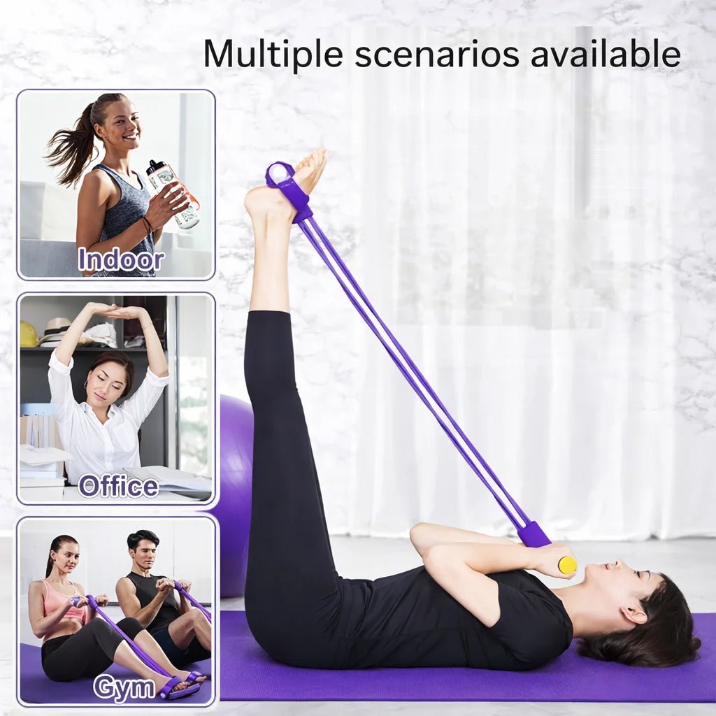 Woman stretching legs with purple pedal resistance band for flexibility and strength exercises at home or office