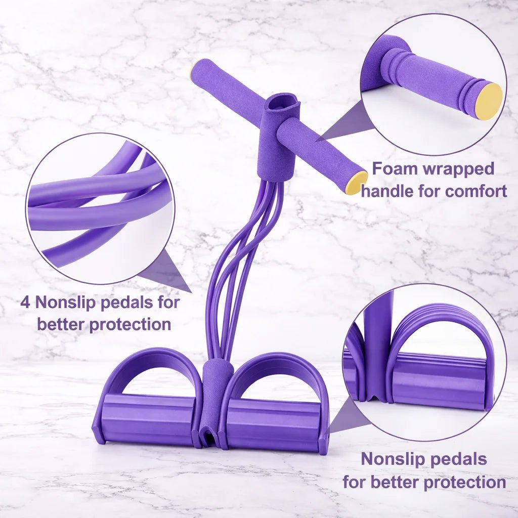 Purple yoga pedal resistance band with foam grip handles and nonslip pedals for secure full-body exercise workouts