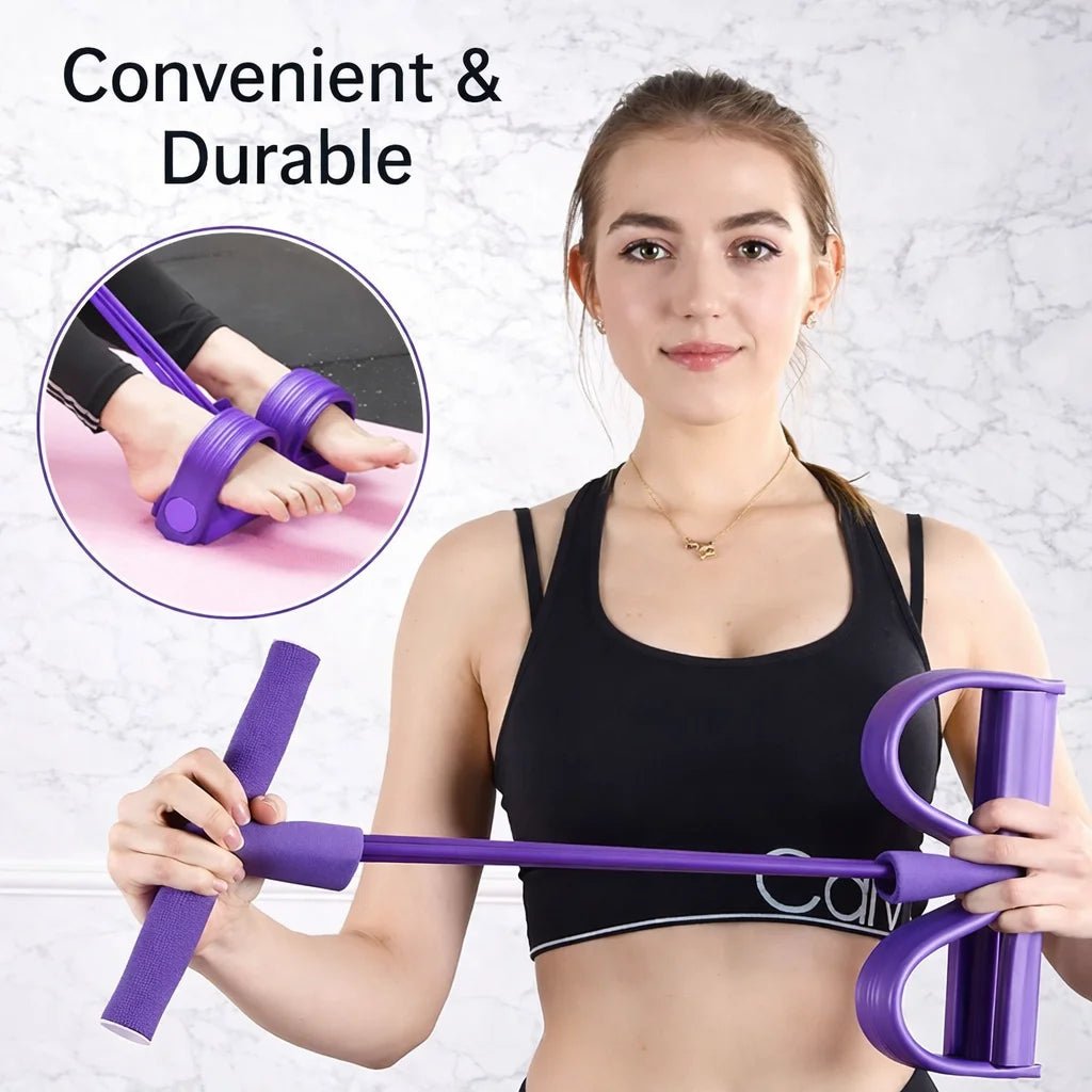 Woman demonstrating purple yoga pedal resistance band with ergonomic handles for durable and versatile home workouts