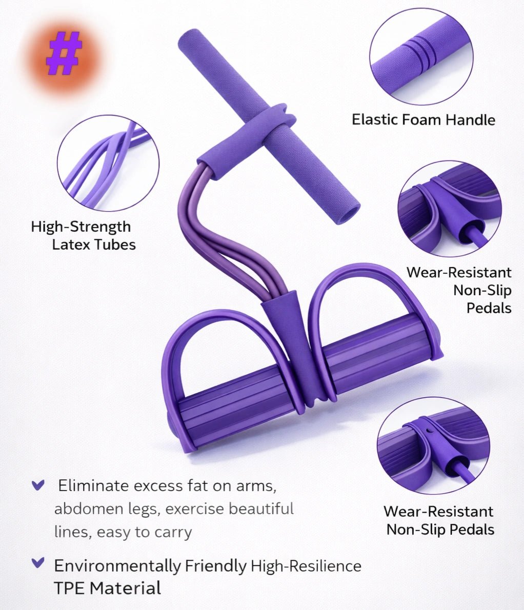 Purple pedal resistance band with elastic foam handle, high-strength latex tubes, and non-slip wear-resistant foot pedals
