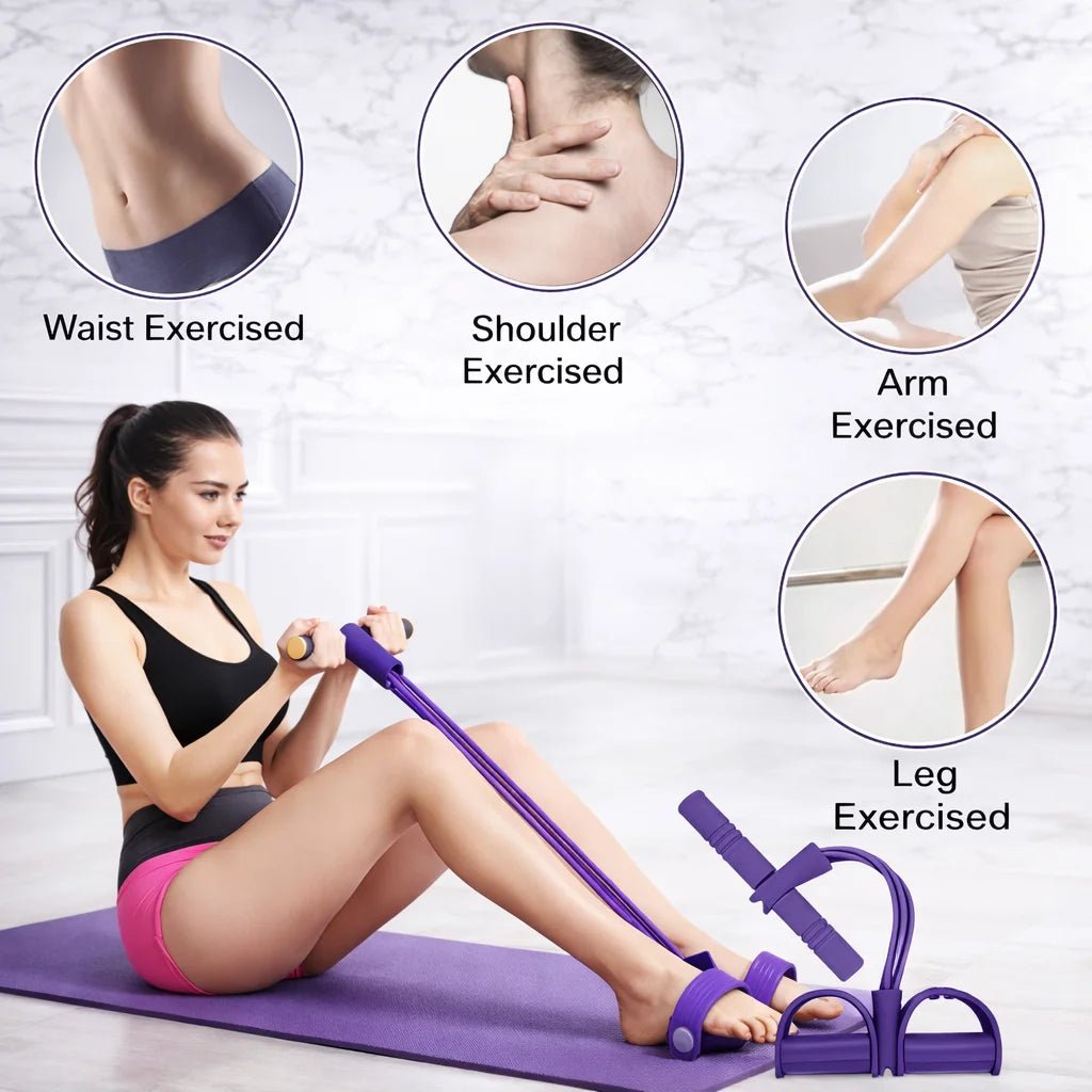 Woman using purple yoga pedal resistance band for full-body exercises targeting waist, shoulders, arms, and legs at home