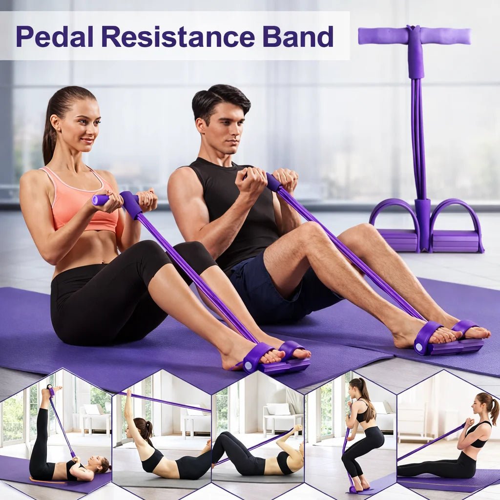 Couple performing seated resistance exercises with purple pedal resistance bands on yoga mats at home